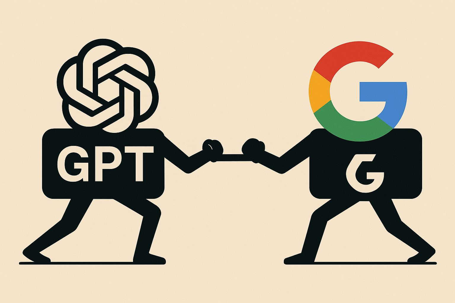 SEO poppetje dat google representeert vecht met een geo poppetje dat chat gpt voorstelt